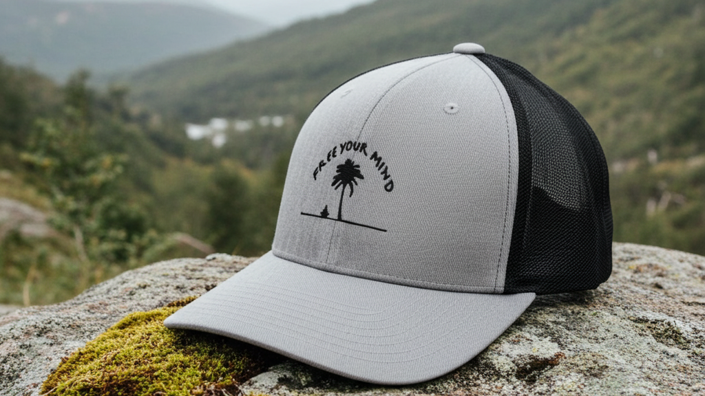 Gray and black cap with a design on a rock with a mountainous background